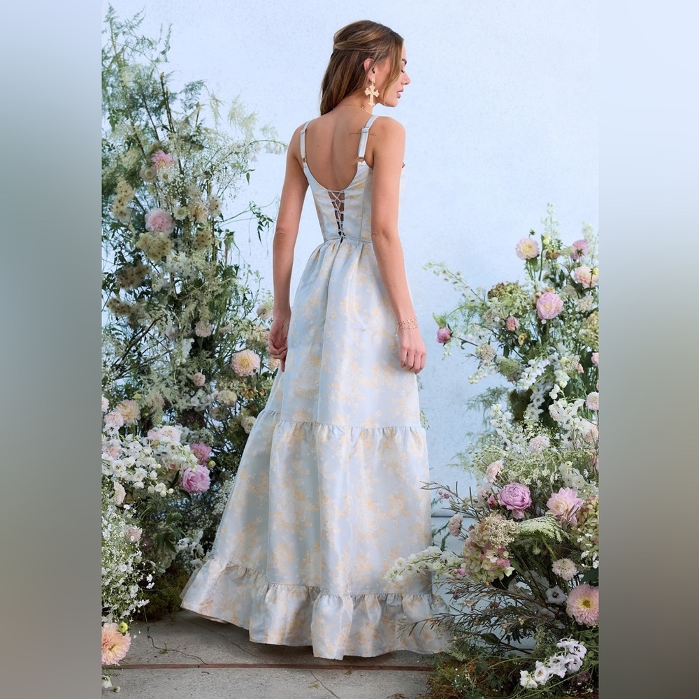 V. Chapman Avery Tiered A-Line Corset Formal Gown Dress in Sky Windsor Brocade 4 - Picture 2 of 11